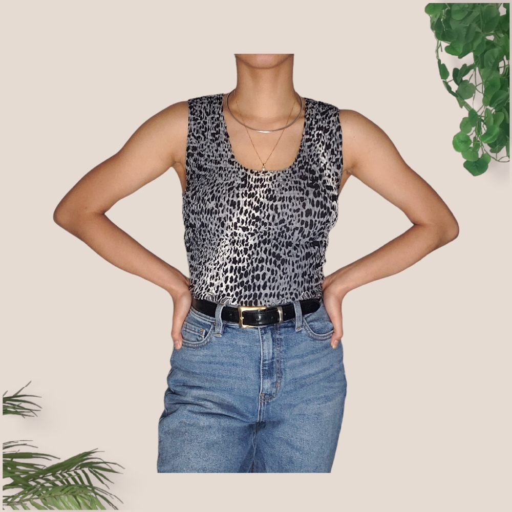 Blue Black Animal Print Ruche Textured Tank Top